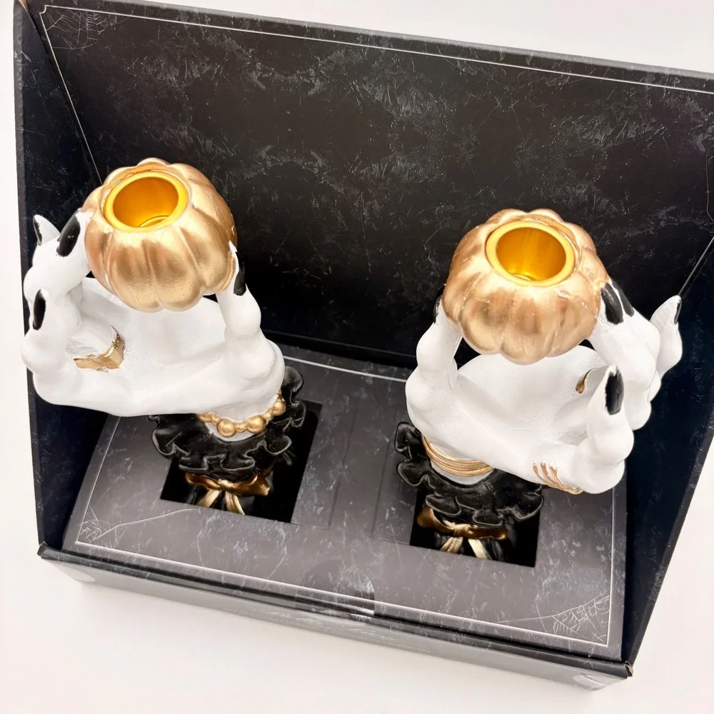 Bella Lux Halloween Skeleton Hand Gold Pumpkin Candle Holder Set of 2 White Gold